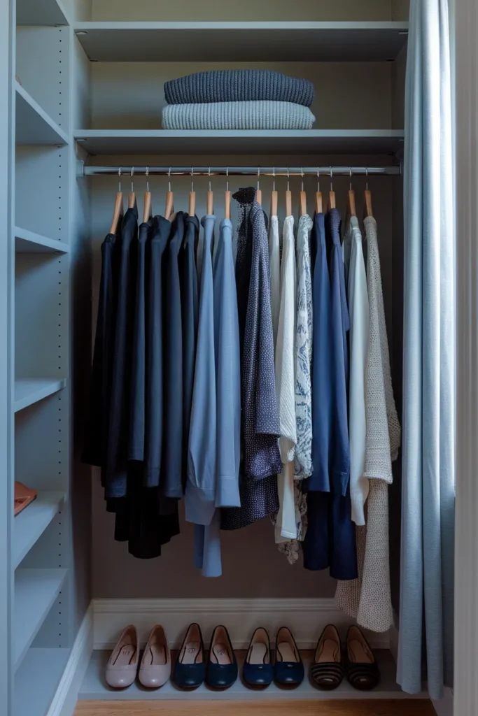 Closet rail of navy monochrome capsule pieces on wooden hangers