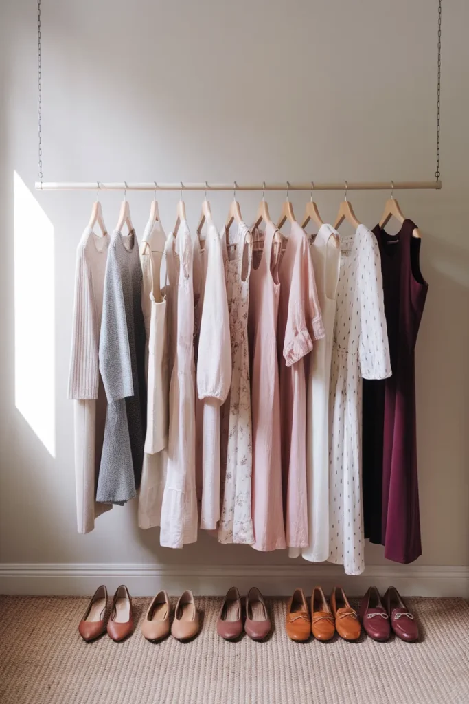 Closet rail showing the 4-3-2-1 dresses only capsule wardrobe formula on wooden hangers