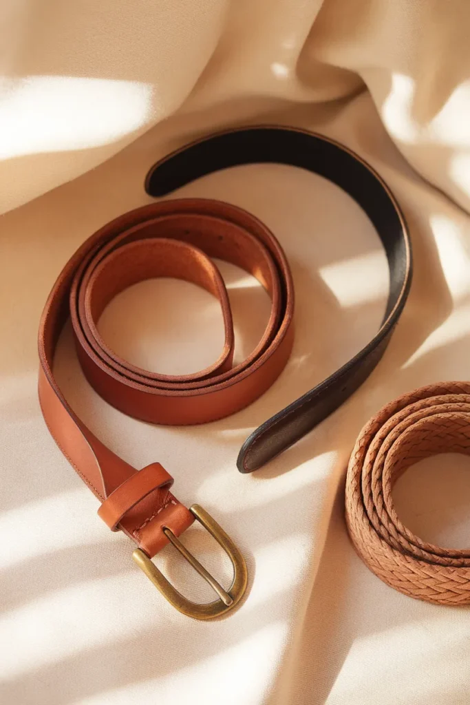 Cognac, black, and woven belts flat lay, the fastest way to add waist definition