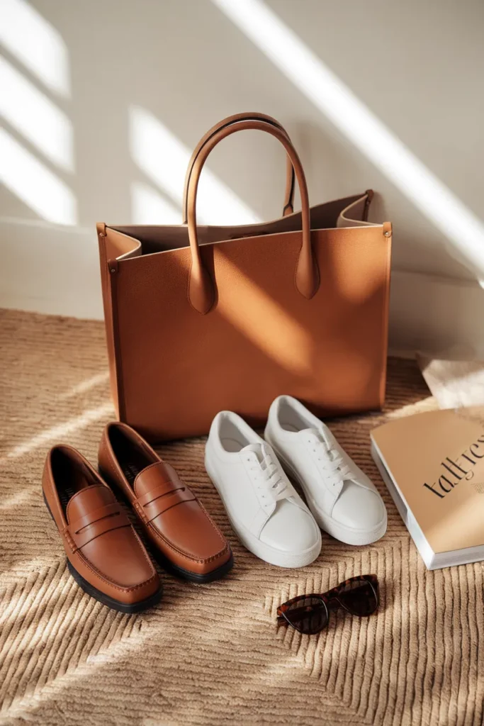 Cognac loafers, white sneakers, and camel structured tote, plus size capsule wardrobe shoes and bag