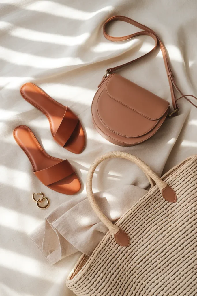 Cognac sandals, saddle crossbody, and woven tote, the grounding accessories of a boho capsule wardrobe