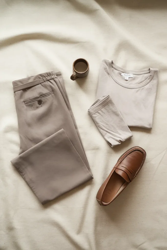 Comfort checklist flat lay for a casual capsule wardrobe over 60 with loafers, soft tee, and elastic waist pants
