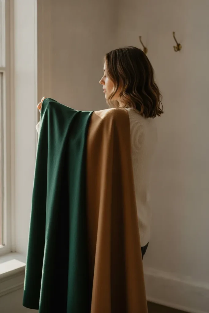 Comparing emerald and camel drapes to test a deep winter color palette