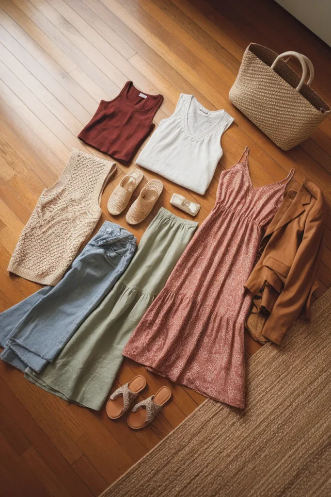 Complete 12 piece boho capsule wardrobe checklist flat lay with one paisley print dress