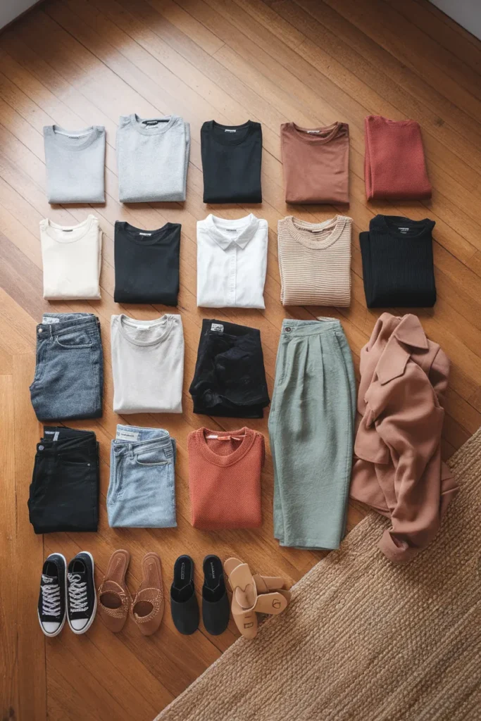 Complete 30 piece year round capsule wardrobe checklist laid out in a grid on hardwood floor