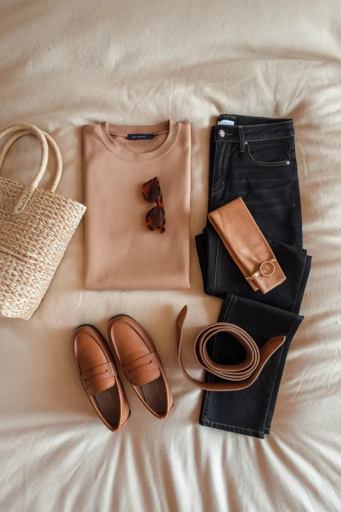 Complete casual capsule outfit for women over 60 laid flat with sweater, jeans, loafers, and woven tote