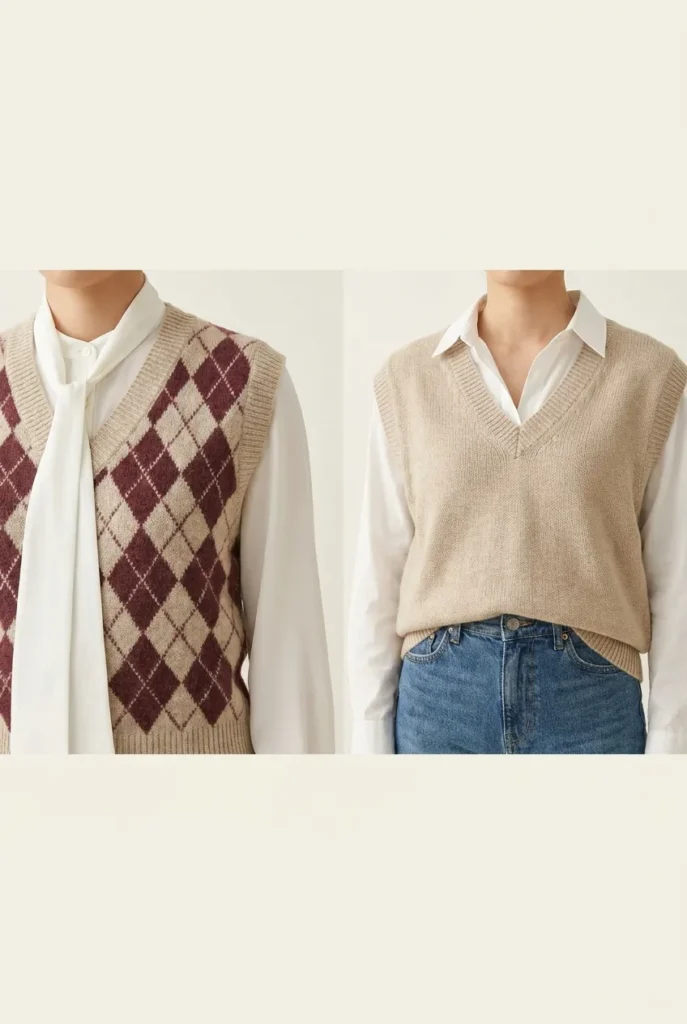 Costumey argyle sweater vest styling versus a modern neutral restyle