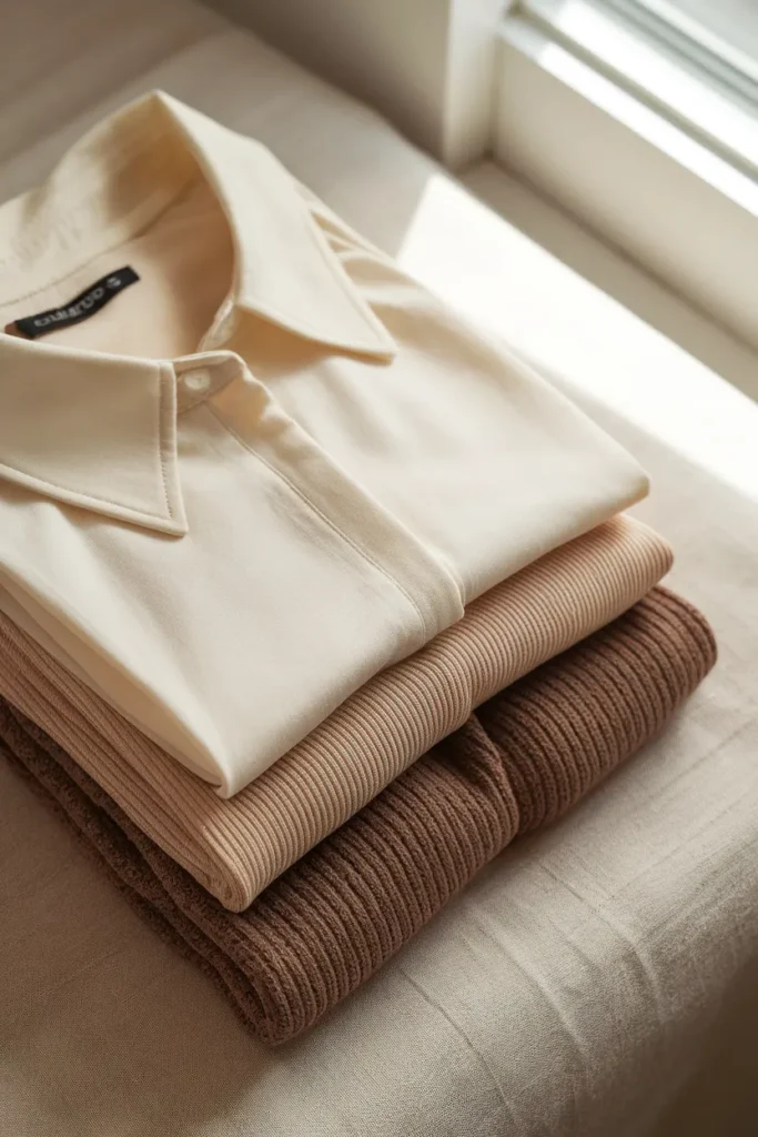 Cotton button-down, rib tank, and chunky knit folded together for a rectangle body shape capsule