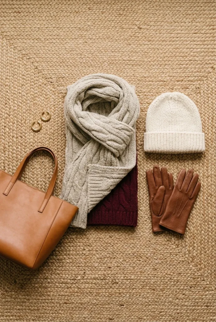 Cozy winter accessories flat-lay with a chunky scarf, beanie, leather gloves, and a tote bag.