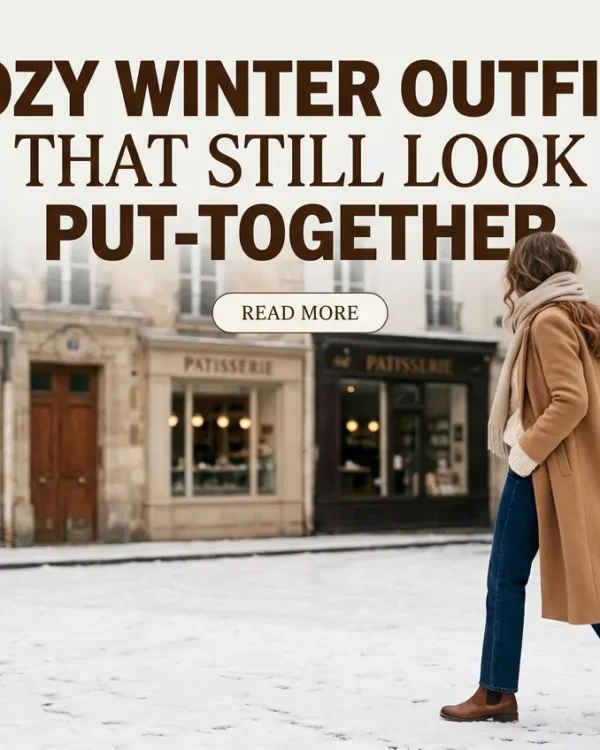 Cozy winter outfits featured image, woman in a camel coat and cream knit walking in snow, with title overlay.
