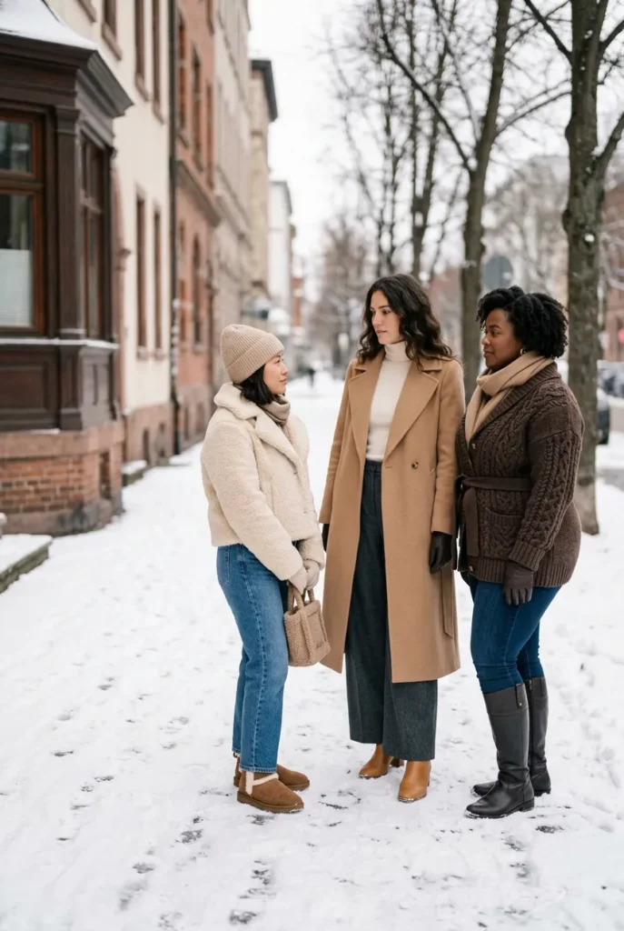 Cozy winter outfits styled for petite, tall, and curvy proportions in a shared neutral palette.