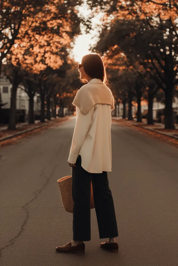 Cream button-down layered under an oat knit for fall, a transitional capsule wardrobe outfit