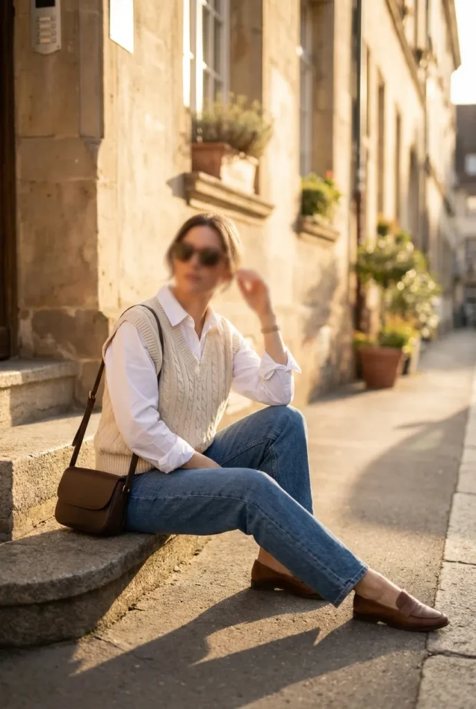 Cream cable-knit sweater vest outfit over a white button-down with jeans and loafers