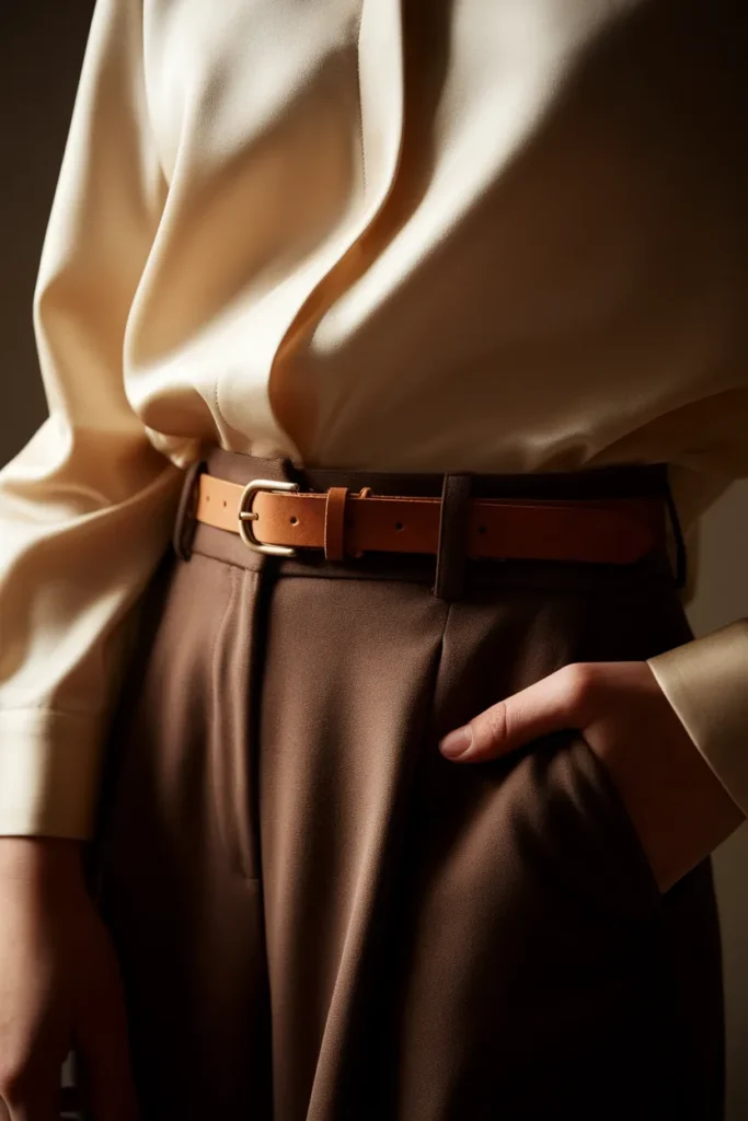 Cream shirttail hem half-tucked into espresso wide-leg trousers with a cognac belt