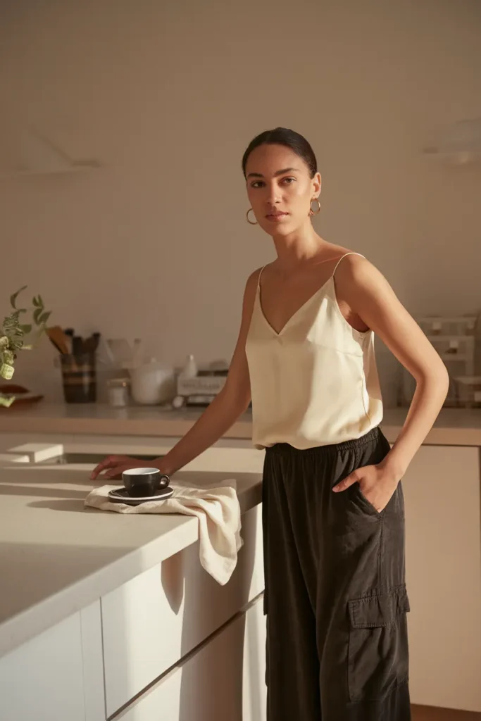 Cream silk camisole front-tucked into black cargo pants for a soft structured look