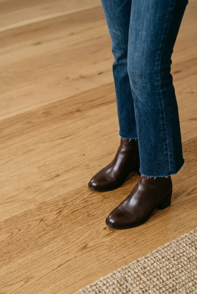 Cropped flare jeans styled with espresso ankle boots to close the ankle gap