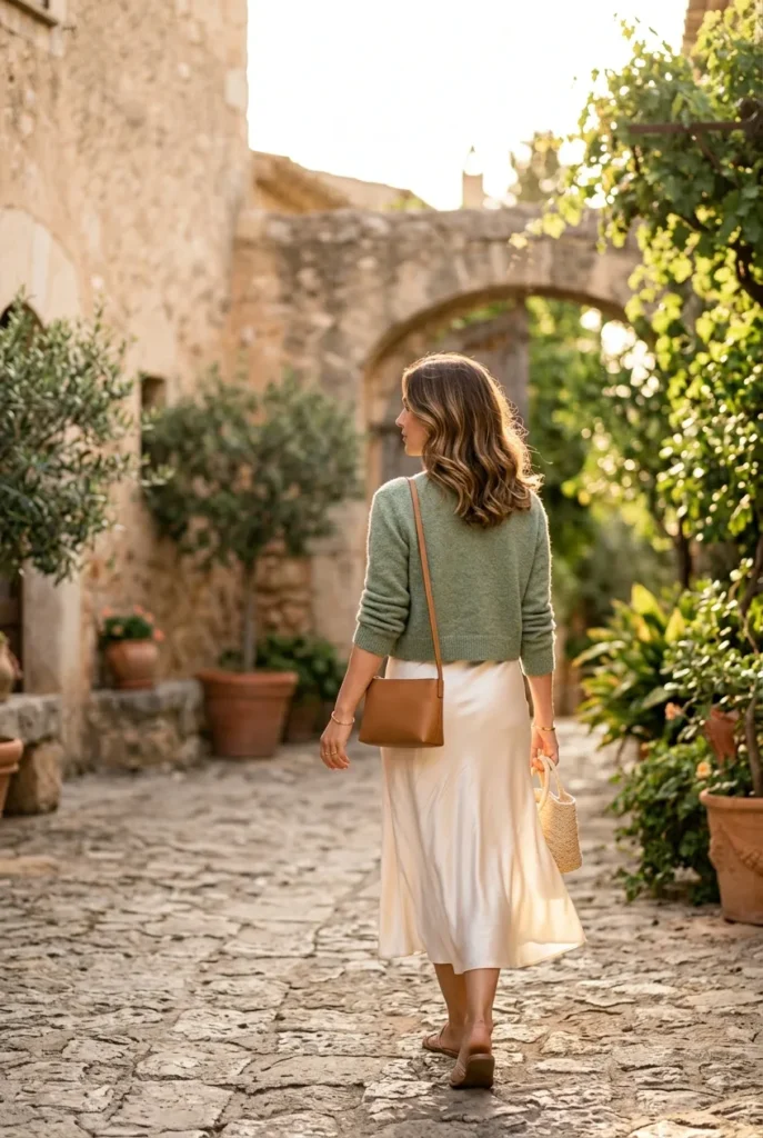Cropped sage cardigan with an ivory satin midi skirt in golden-hour light