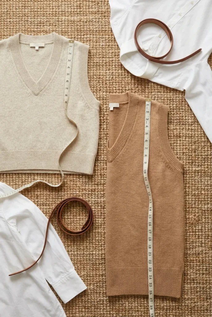 Cropped versus longline sweater vest fit comparison with tape measure on armholes