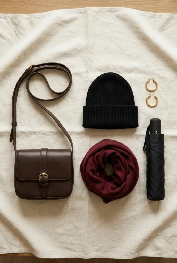 Crossbody bag, knit hat, and scarf accessories for Scotland travel