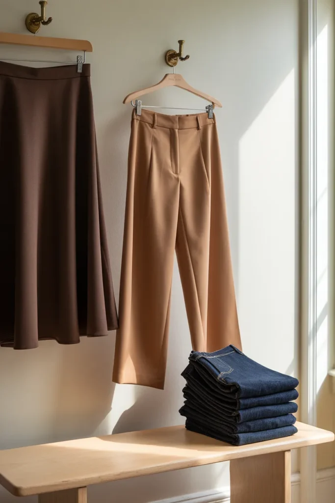 Dark high-rise jeans and camel wide-leg trousers, the core bottoms of a midsize capsule wardrobe