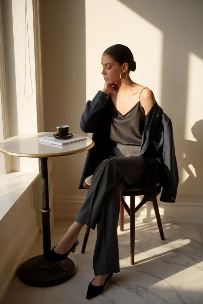 Dark indigo denim jacket styled with a silk camisole and tailored trousers for work