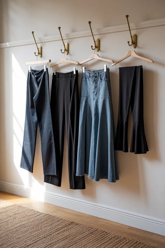 Dark jeans, black trousers, denim midi skirt, and leggings hanging on brass hooks
