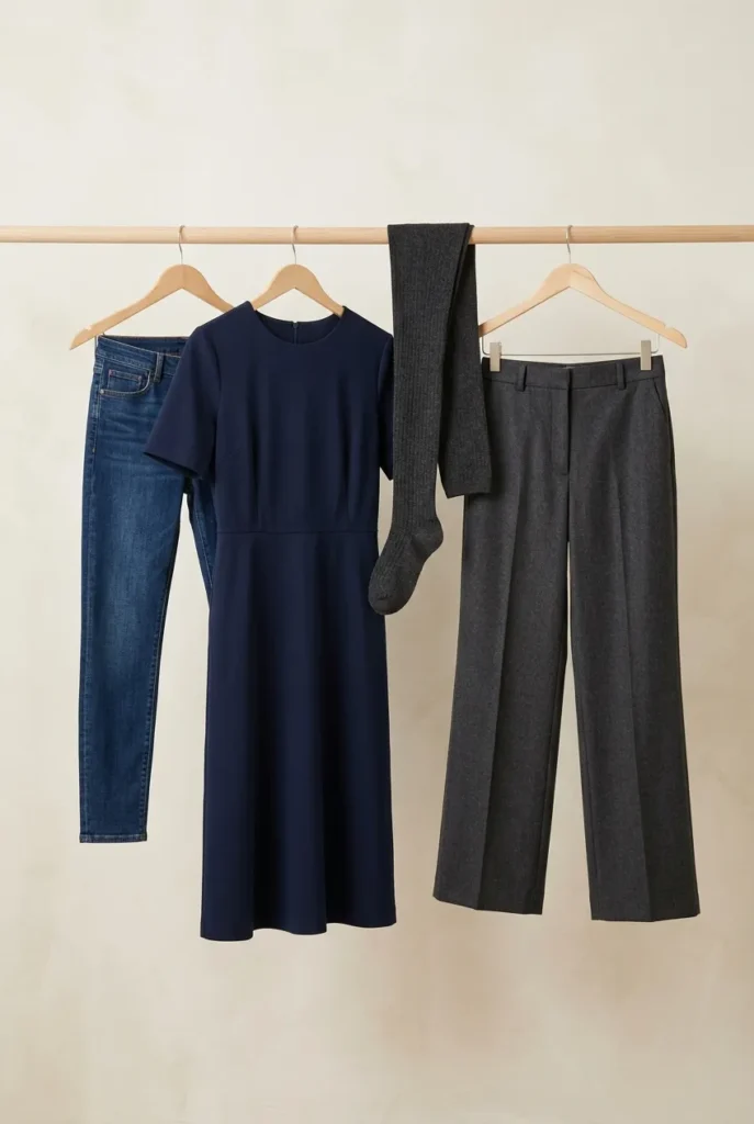 Dark jeans, charcoal trousers, and navy dress for Scotland outfits