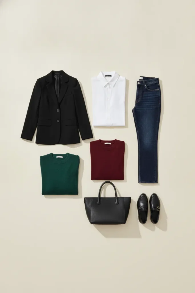 Deep winter capsule wardrobe flat-lay with neutrals, emerald, and wine pieces