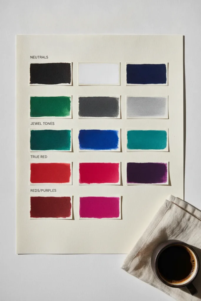 Deep winter color map showing neutrals, jewel tones, and rich reds and purples