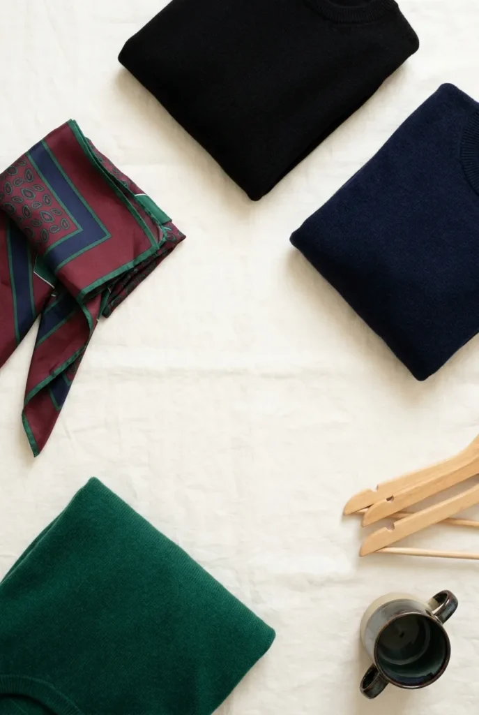 Deep winter color palette flat-lay in black, navy, emerald, and wine on ivory linen