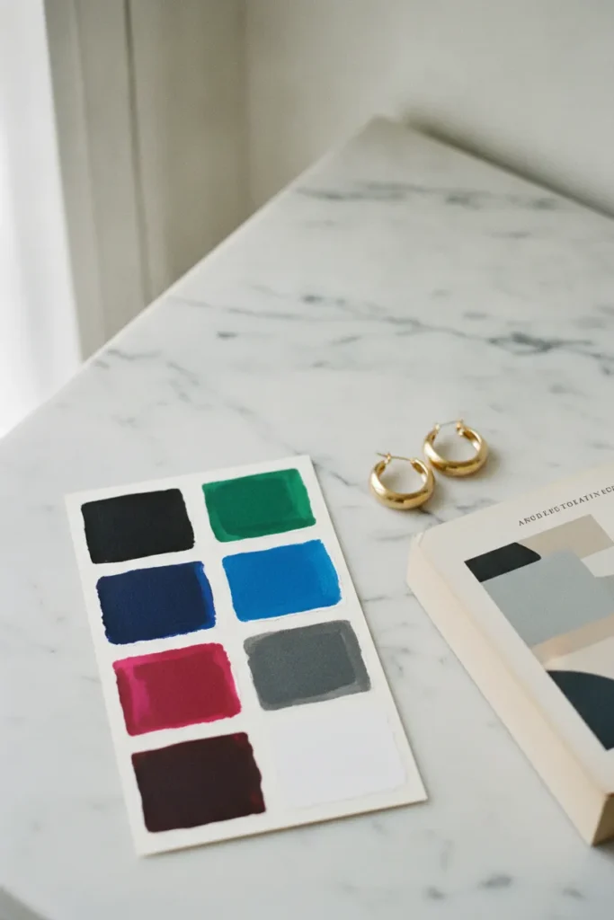 Deep winter color palette swatch card in jewel tones and true neutrals on marble