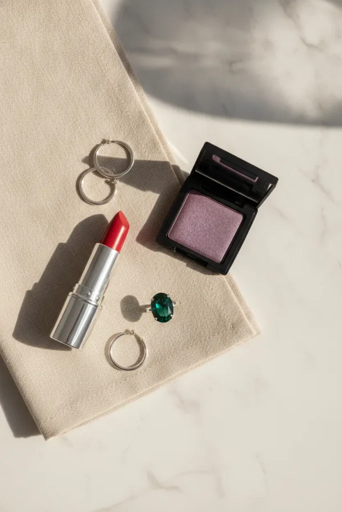 Deep winter makeup and silver accessories, true-red lip and emerald ring on marble