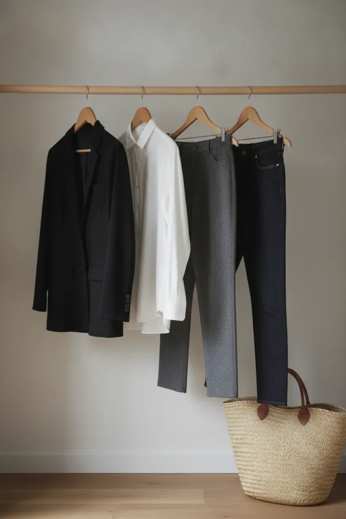 Deep winter neutral base of black blazer, white shirt, charcoal trousers, dark denim