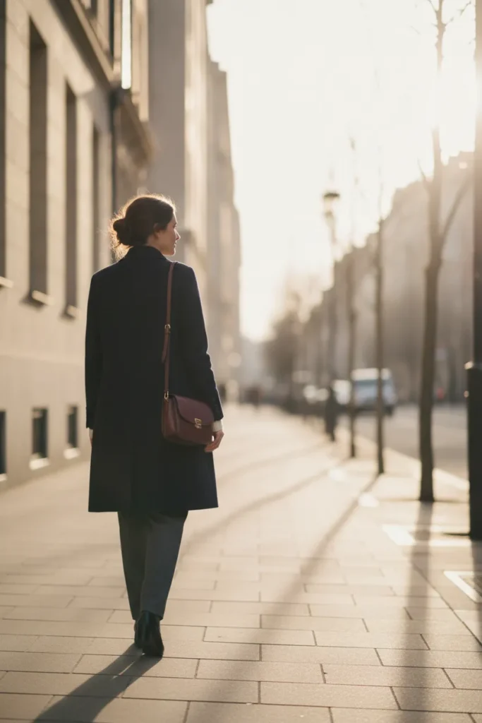 Deep winter outfit formula, navy coat and charcoal with a wine crossbody bag