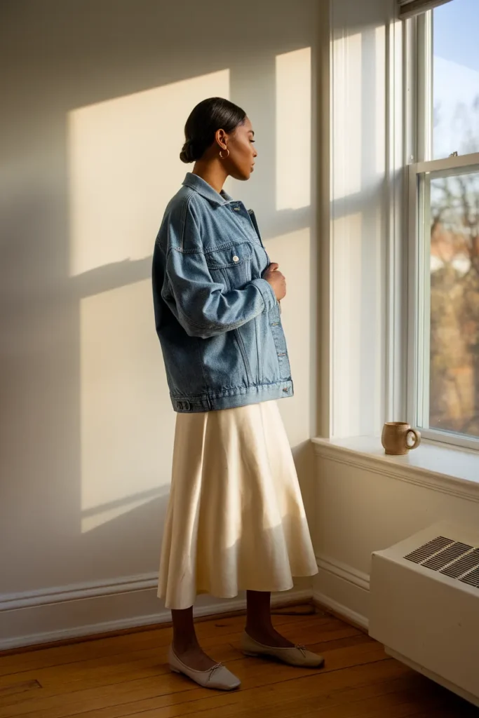 Denim jacket layered over a cream slip dress in soft afternoon window light