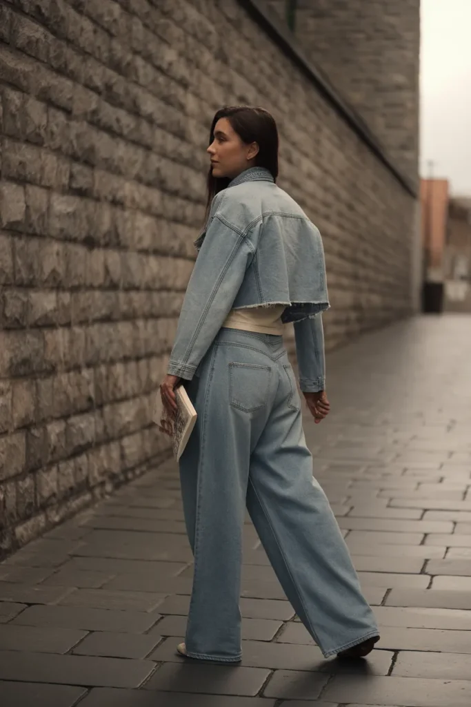 Denim on denim outfit with a cropped jean jacket over baggy jeans on a stone street