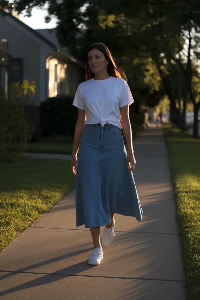 Denim skirt outfit with white tee and white sneakers for everyday errands.