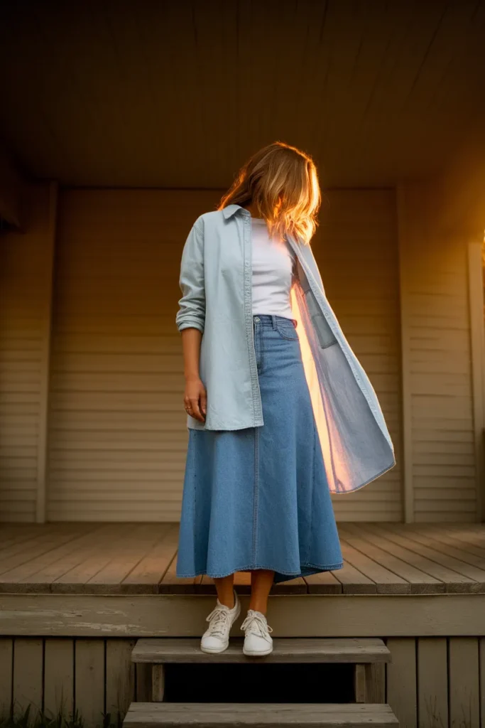 Double denim outfit pairing a chambray shirt with a mid blue denim skirt.