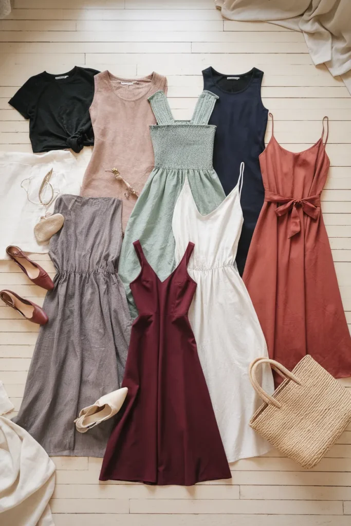 Dresses only capsule wardrobe flat lay of 10 summer dresses in neutrals with one burgundy accent