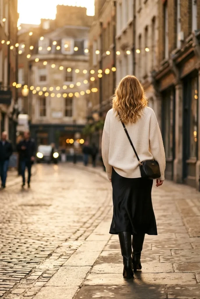 Dressy cozy winter outfit with a satin slip skirt, oversized knit, and tall boots for a night out.