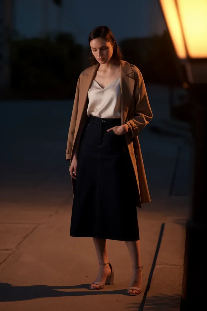Dressy denim skirt outfit with silk cami, camel trench, and heeled sandals for dinner.