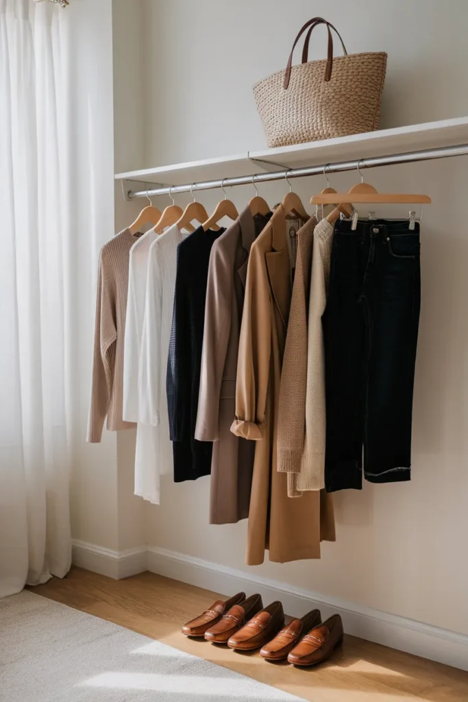 Edited capsule wardrobe closet with wooden hangers, neutral pieces, and hanger space for plus size closet edit
