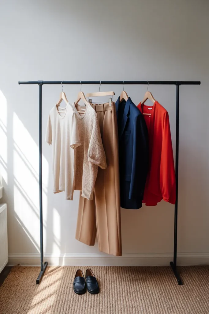 Edited capsule wardrobe rail in neutrals with one red blouse showing how repeated color keeps cohesion.