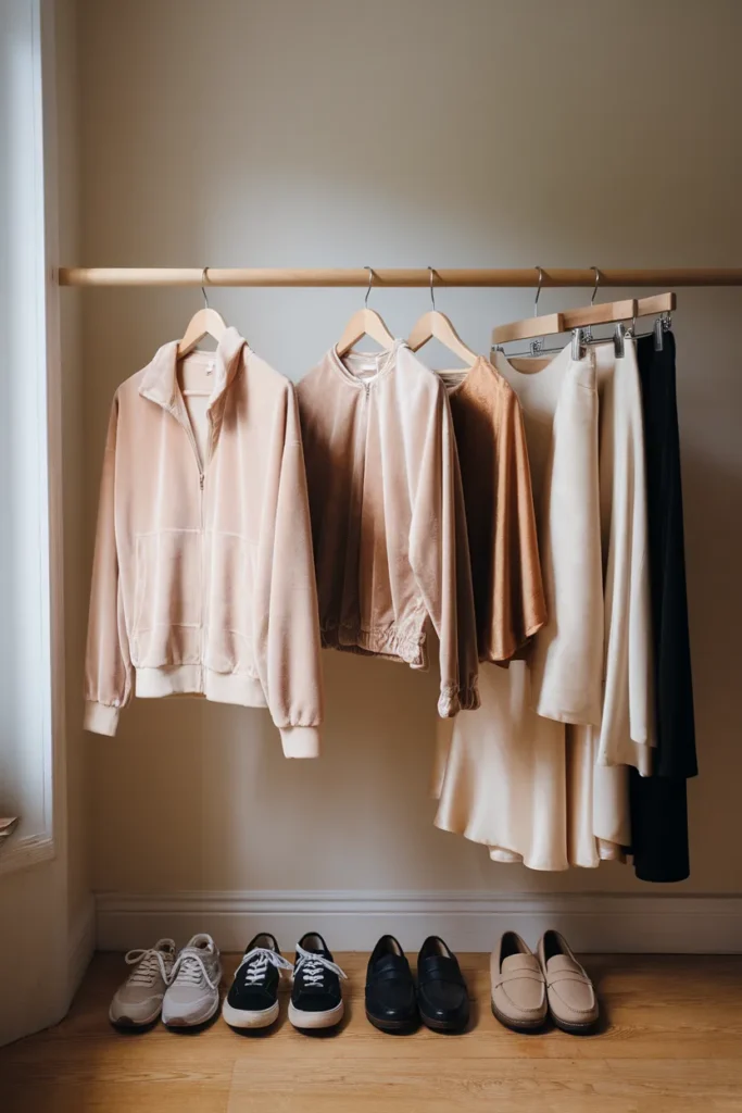 Edited capsule wardrobe rail mixing neutral basics with velour and satin Y2K pieces