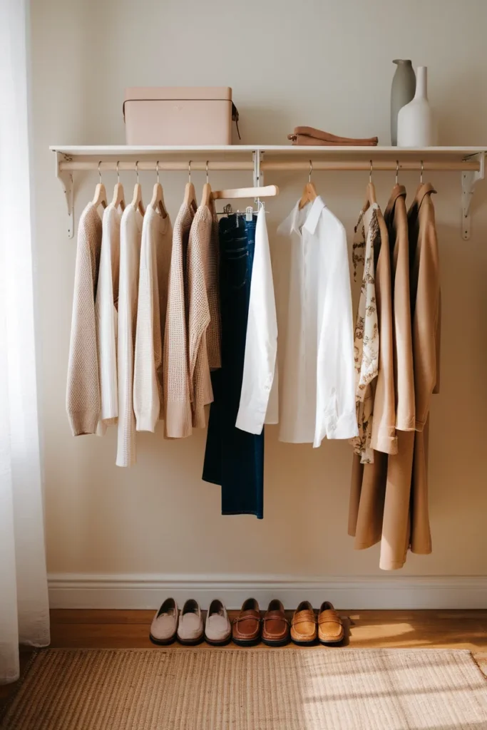 Edited casual capsule wardrobe over 60 hanging on wooden hangers in neutral colors