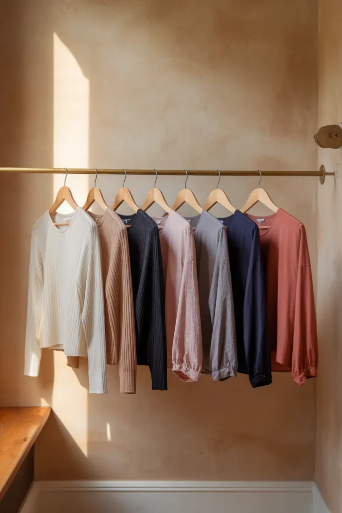 Eight neutral capsule wardrobe tops on wooden hangers along a brass rail in soft daylight