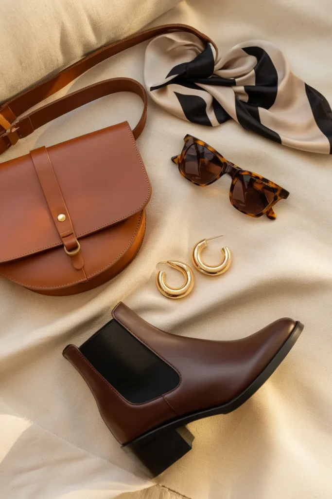 Espresso ankle boot styled with a tan crossbody, sunglasses, and gold hoops.