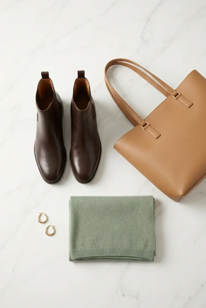 Espresso ankle boots and a camel leather tote, winter work outfit accessories.