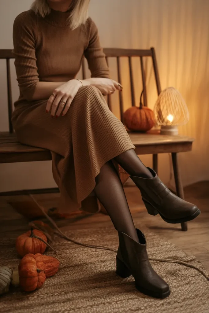Espresso ankle boots styled with a camel midi dress and tights for fall.