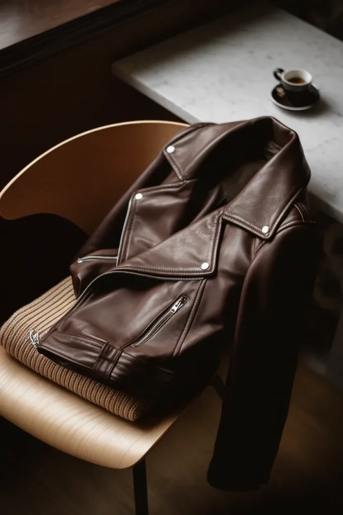 Espresso leather moto jacket over a wooden chair in warm low lamplight